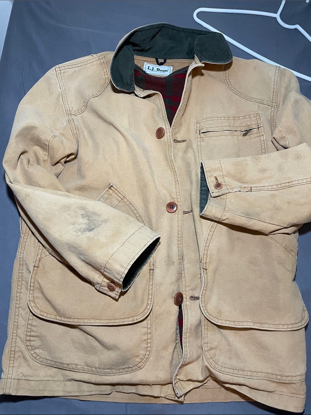 L.L. Bean Men's Tan Canvas Field Coat with Contrast Collar
